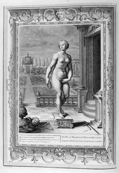 Pygmalion is verliefd op een standbeeld dat hij heeft gemaakt, 1733 door Bernard Picart