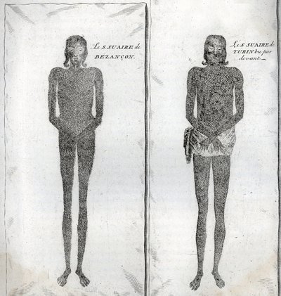 Voorstelling van de Lijkwade van Besançon en de Lijkwade van Turijn, gravure uit 