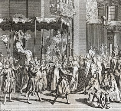 Plechtige Inauguratie van het Pontificaat: het verbranden van een doek) Gravure uit Illustratie de ceremonies et customs religieuses de tous les peuples du monde door Bernard Picart (1723-1743) 1819 Privécollectie door Bernard Picart