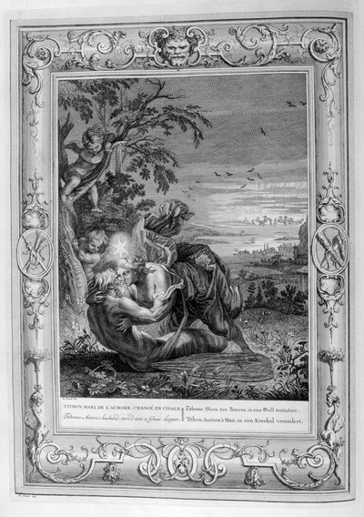 Tithonus, echtgenoot van Aurora, veranderd in een sprinkhaan, 1733 door Bernard Picart