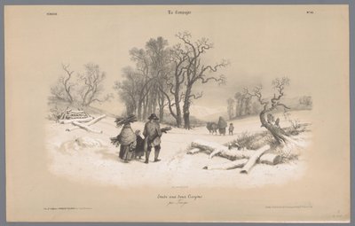 Gezin sprokkelt hout in de sneeuw door Bernard Romain Julien