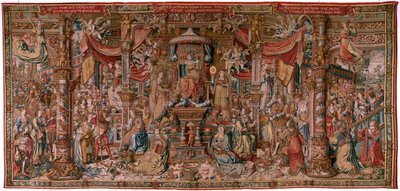 Vlaamse wandtapijt. Serie De Eerbewijzen. Geloof. Eerste wandtapijt in de serie. Model Cartonisten uit de kring van Bernard van Orley en Jan Gossaert (Mabuse). Fabrikant Pieter van Aelst, Brussel. Ca 1550. door Bernard van Orley