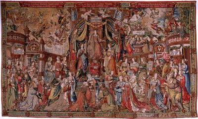 Vlaams wandtapijt. Serie De Eerbewijzen. Gerechtigheid. Negende wandtapijt in de serie. Model Tekenaar uit de kring van Bernard van Orley en Jan Gossaert (Mabuse). Manufacture Pieter van Aelst, Brussel. Ca 1550. door Bernard van Orley