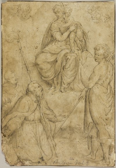 Zittende Maagd en Kind met bisschop en kloosterheilige, en de heilige Johannes de Doper door Bernardino Campi