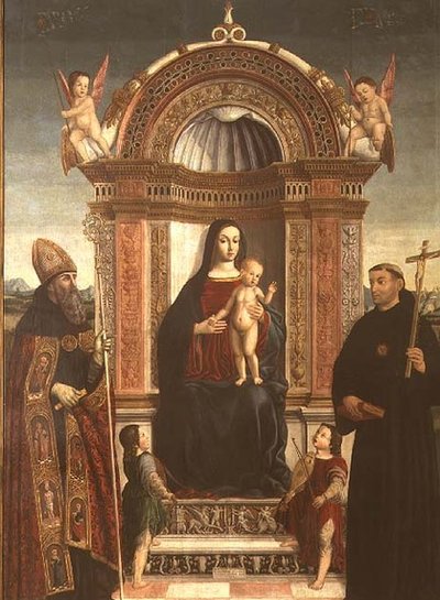 Madonna en Kind met St. Nicolaas van Tolentino en St. Augustinus door Bernardino Loschi