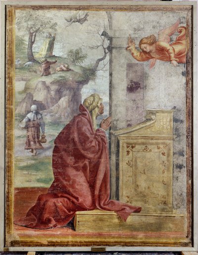 Aankondiging aan Sint-Anne, op de achtergrond Sint-Joachim en de Engel door Bernardino Luini