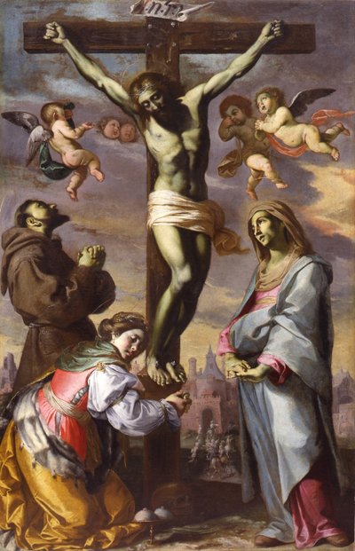 De kruisiging met de Maagd en de heiligen Franciscus en Agatha, midden 17e eeuw door Bernardino Mei