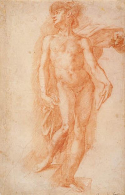 Mercurius gekleed in een fladderende mantel staand op een trap door Bernardino Poccetti