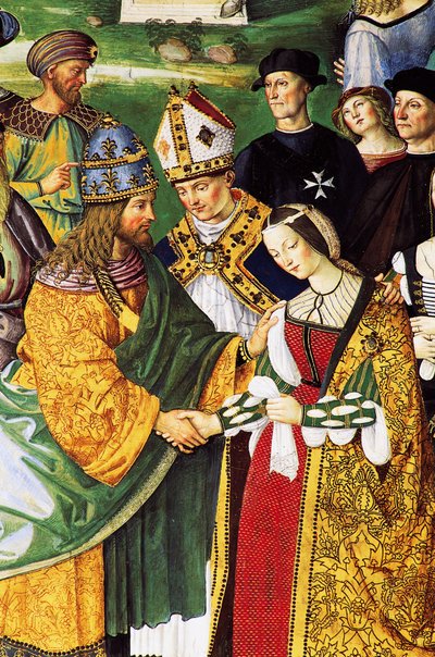 Aeneas Sylvius, Bisschop van Siena, presenteert Keizer Frederik III zijn toekomstige vrouw Eleonora van Aragon door Bernardino di Betto Pinturicchio