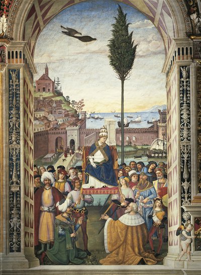 Verhalen van Pius II: Pius II arriveert in Ancona om de Kruistocht te bespoedigen door Bernardino di Betto Pinturicchio