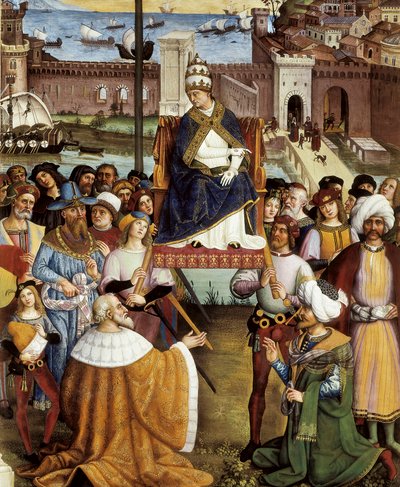 Paus Pius II zegent de vloten voordat ze op 15 augustus 1464 vertrekken uit Ancona naar het Heilige Land (detail) door Bernardino di Betto Pinturicchio