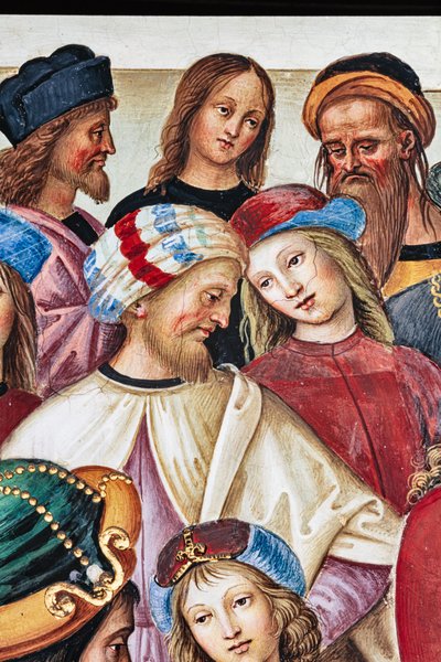Piccolomini Bibliotheek, noordoostelijke muur: Aeneas Sylvius houdt een redevoering voor Koning Jacobus I van Schotland, winter 1435 door Bernardino di Betto Pinturicchio