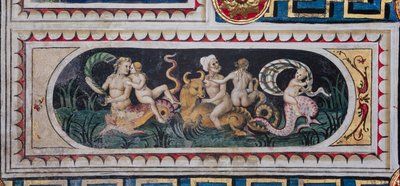 Piccolomini Bibliotheek, het plafond: kleiner paneel met scène van maritieme thiasus door Bernardino di Betto Pinturicchio