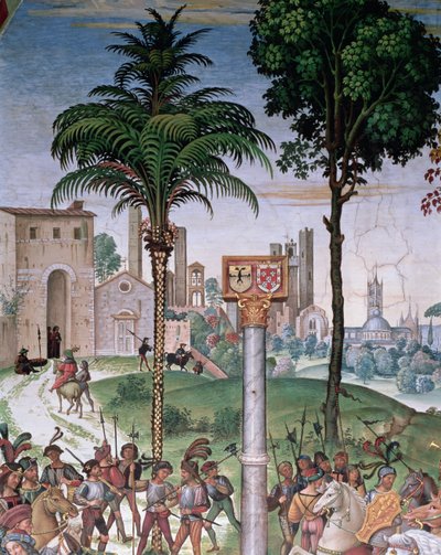Uitzicht op Siena met de Kathedraal en Porta Camollia (detail) door Bernardino di Betto Pinturicchio