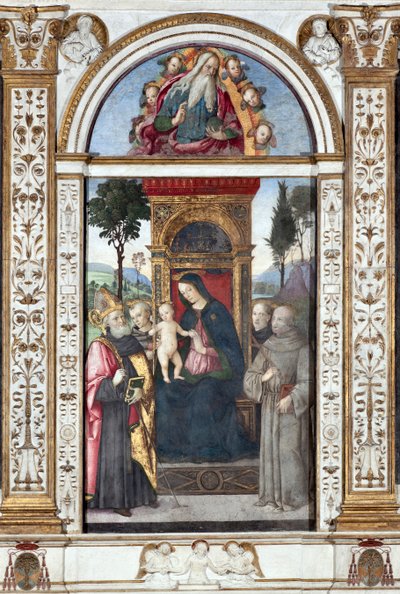 Maagd met kind en Sint Augustinus, Sint Franciscus en Sint Antonius van Padua - Fresco door Pinturicchio (Bernardino di Betto) (1454-1513) 1484-1492 Rome, Basiliek van Santa Maria del Popolo, Kapel Basso della Rovere Italië door Bernardino di Betto Pinturicchio