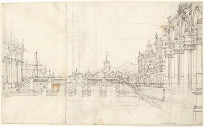 Een Capriccio van Paleizen en een Loggia met Uitzicht op een Klassieke Brug door Bernardo Bellotto