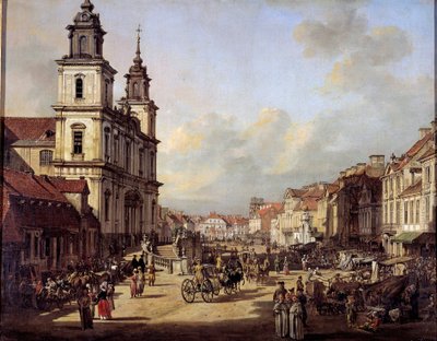 Uitzicht op Krakowskie Street vanaf Nowyswiat Street in Warschau in 1778 door Bernardo Bellotto