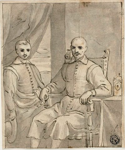 Portret van een zittende geestelijke en een staande jongen door Bernardo Castello