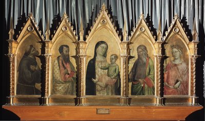 Maagd en kind met heiligen Franciscus, Bartholomeus, Johannes en Catharina van Alexandrië door Bernardo Daddi