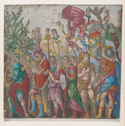 Blad 7: processie van Muzikanten en anderen met standaarden, uit De Triomf van Julius..., 1599 door Bernardo Malpizzi