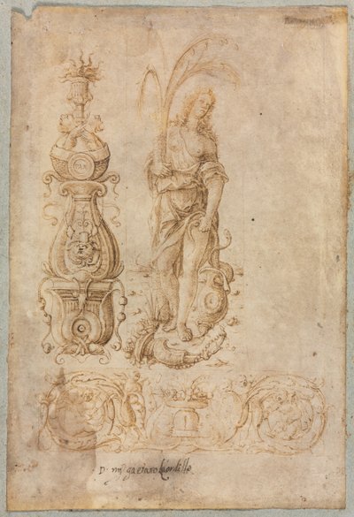 Ontwerp voor een Kandelaar, Allegorisch Figuur van Overvloed, Ornamenteel Reliëfontwerp, ca. 1490s door Bernardo Parentino