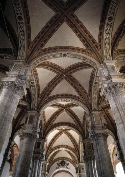Uitzicht op de gewelven van het schip van de kerk van Pienza geprojecteerd door Bernardo Rossellino door Bernardo Rossellino