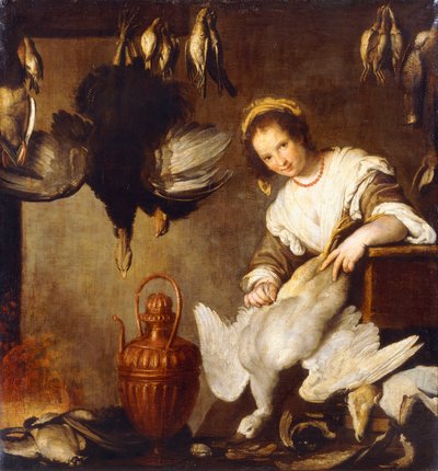 La Cuoca - Een Keukenmeid die een Gans Plukt in een Interieur door Bernardo Strozzi