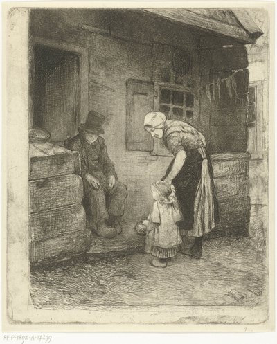 Vrouw met klein kind staat bij zittende oude man voor arbeiderswoning door Bernardus Johannes Blommers