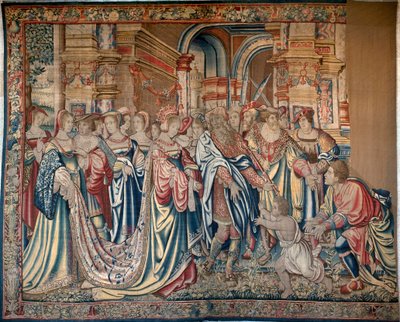 Cyclus van Oedipus: processie van Polybe en Periboae in Korinthe. De processie markeert de adoptie door de koningin van Oedipus, die ontsnapt uit de armen van Phorbas, omringd door vorsten en hovelingen die de scène bekijken. Wandtapijt door Bernart van (attr. to) Orley
