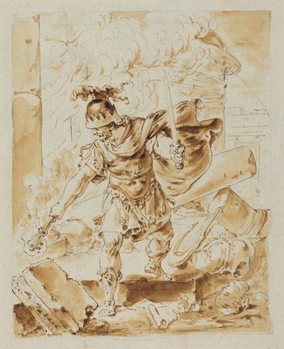 Alexander steekt Persepolis in brand (pen en bruine inkt met bruin gewassen over grafiet op geschept papier) door Bernhard Rode