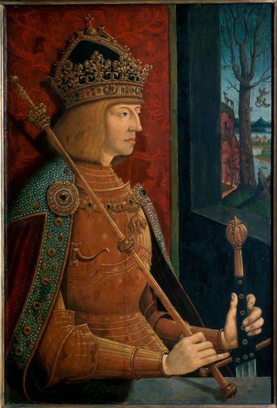 Keizer Maximiliaan I, met kroon, scepter en zwaard door Bernhard Strigel