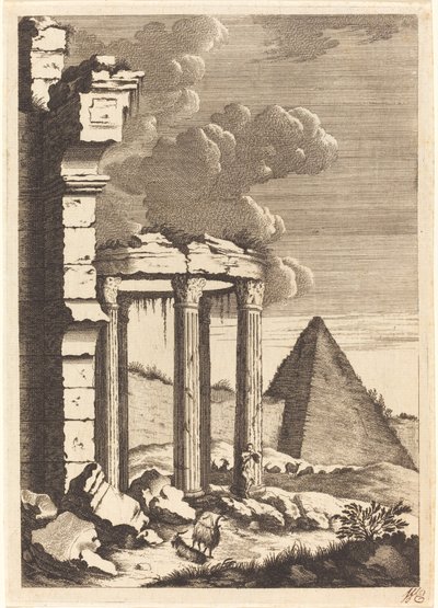 Geiten voor ruïnes en een piramide door Bernhard Zaech after Jonas Umbach