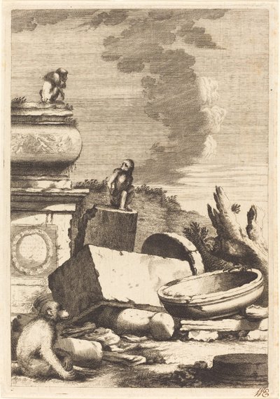 Ruïnes met Apen en een Uil door Bernhard Zaech after Jonas Umbach