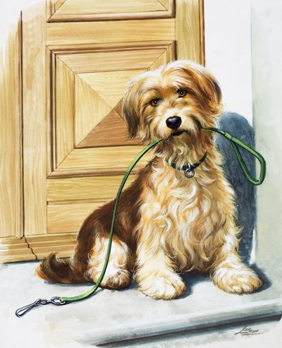 Hond met riem in zijn bek (gouache op papier) door Bert Illoss