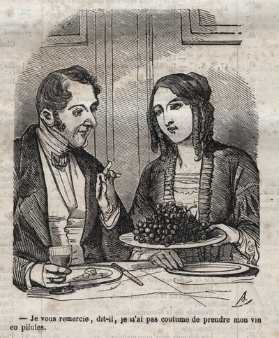 Dank u, ik ben niet gewend mijn wijn in pillen (druiven) te nemen - gravure in 
