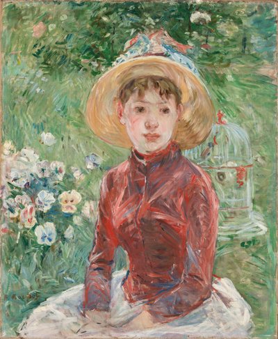 Jong meisje op het gras, de rode lijfje Mademoiselle Isabelle Lambert, 1885 door Berthe Morisot