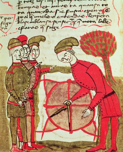 Ms 327 fol.216v Landmeters werken met een plan en kompassen, uit Traite d