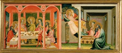Scènes uit het verhaal van Tobias: hij trouwt met Sarah ... (schilderij op hout) door Bicci di Lorenzo