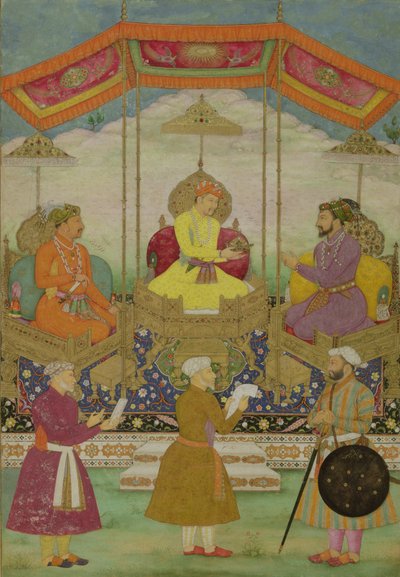 Mogolkeizer Akbar Symbolisch de Kroon Overdragend aan Zijn Zoon Jahangir en Zijn Kleinzoon Shah Jahan door Bichtir