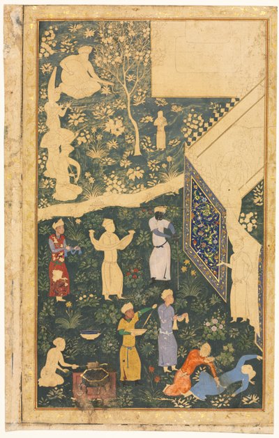 Muzikanten en bedienden buiten een koninklijk kampement recto, ca. 1485 door Bihzad