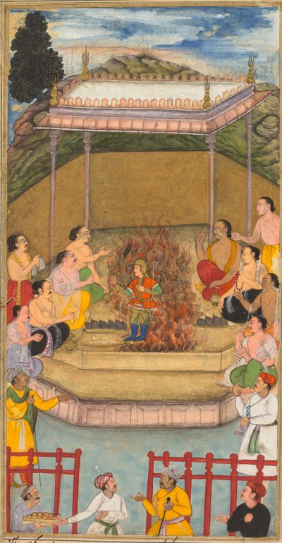 Yaja en Upayaja voeren een offer uit voor de opkomst van Dhrishtadyumna uit het vuur..., 1598 door Bilal Habshi