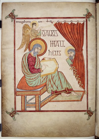St. Matteüs, schrijvend, met zijn symbool, uit de Lindisfarne-evangeliën, 710-721 door Bishop of Lindisfarne Eadfrith