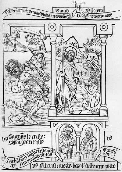 Fragment facsimile van pagina 28 van de Bijbel van de Armen, 1849 door Bisson and Cottard