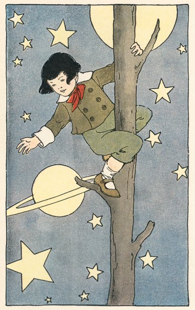 Jongen klimt in een boom tussen de sterren en planeten door Blanche Fisher Wright
