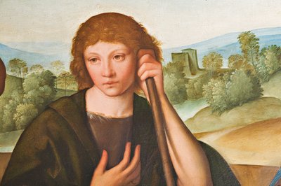 Aanbidding van de herders Madonna met het kindje Jezus en twee herders (detail) door Boccaccio Boccaccino