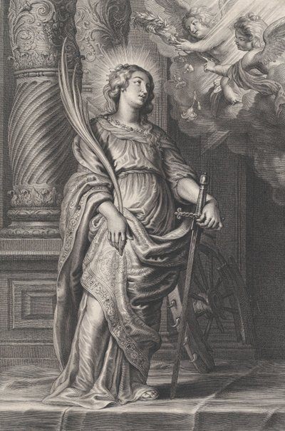 Sint-Catharina met palmtakken en een zwaard, twee putti boven haar houden een lauwerkrans..., ca. 1625-59. door Boetius Adams Bolswert