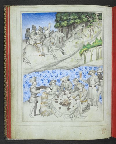 Add 24189, f.5v, Recreatie op Cyprus met, boven, een hertenjacht met luipaarden en, beneden, een feest, uit het 