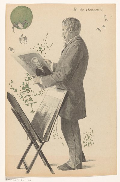 Edmond de Goncourt bekijkt een prent, naast hem een prentstandaard door Boileau