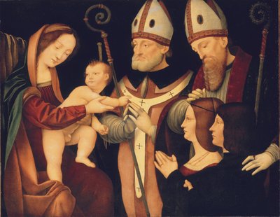 De Madonna en Kind met Heiligen Romanus en Ptolomaeus en twee schenkers door Boltraffio Pseudo