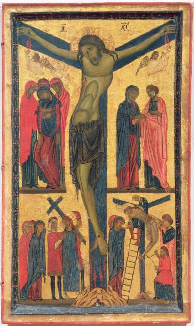 De Kruisiging met Heilige vrouwen, rouwenden, Christus op de Weg naar Calvarië en de Kruisafneming, rechterpaneel van een diptiek door Bonaventura Berlinghieri